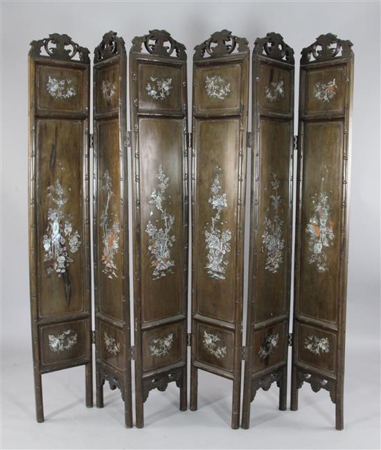 An early 20th century Chinese rosewood six fold screen